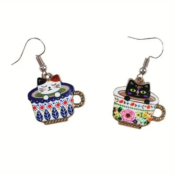 Cats in Teacups- Dangle Earrings- Fun, Playful, Cute - Picture 1 of 3